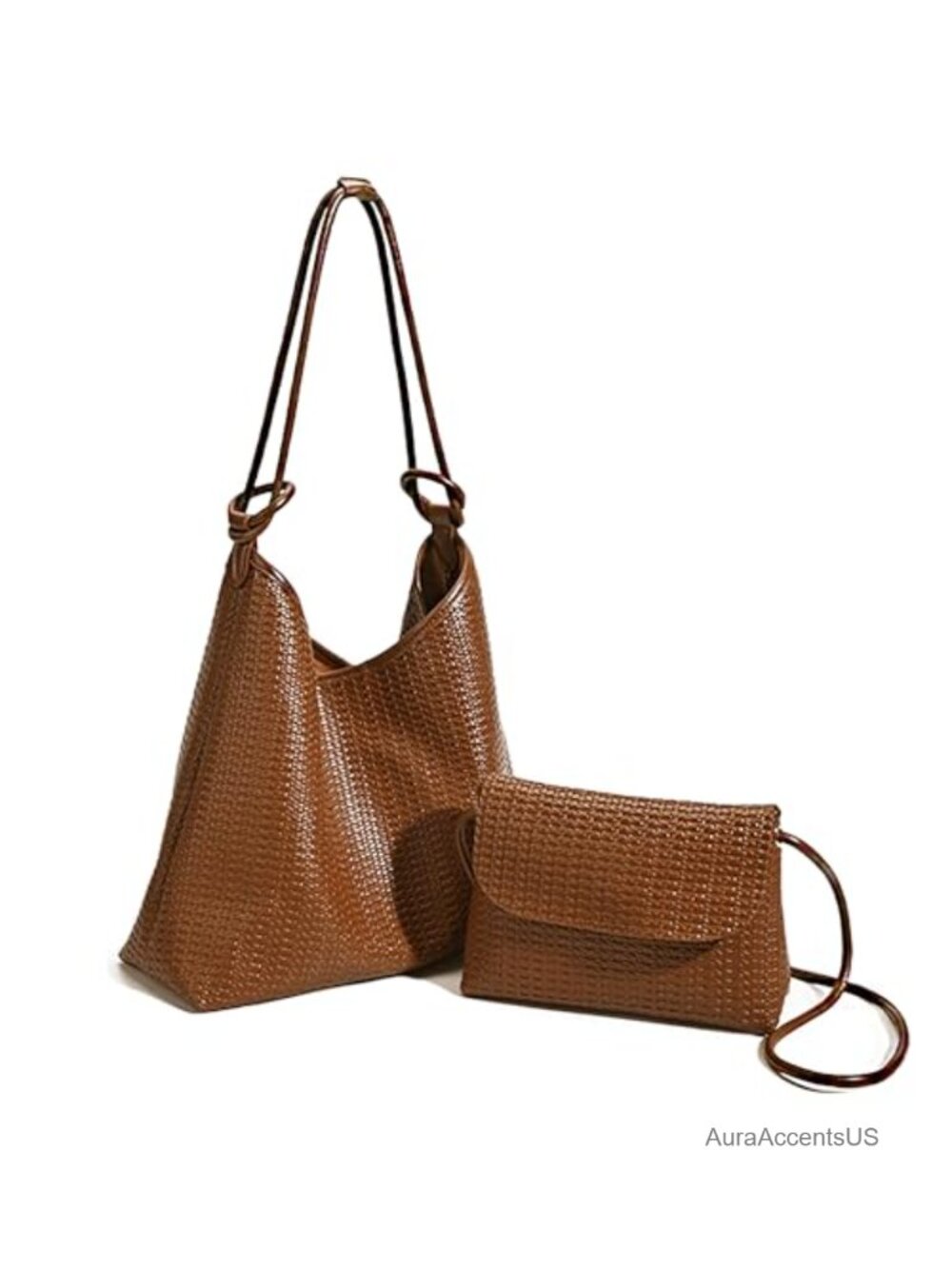 2-Piece Woven Texture Hobo Bag Set Vegan Leather Tote & Clutch Large Capacity